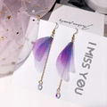 Handmade gradient purple butterfly wing earrings with tulle texture and teardrop crystal - Purple J