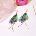Handmade butterfly wing earrings with blue-green chiffon petals and gold hooks - Green K