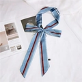 Blue silk neck scarf with red and white stripes tied in a bow on a white fabric - Blue with Stripes