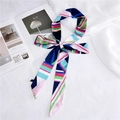 Detail of colorful geometric striped long silk scarf tied in a stylish bow knot - Multi-Color Geometric Stripe