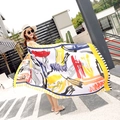 Ethnic cotton-linen scarf with colorful abstract patterns and yellow borders for summer - 180cm / White Color Abstract Art Style (L104)