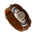 Bracelet multicouche en cuir véritable marron pour homme avec cordon tressé et perles - Pendentif Fleur de Vajra