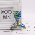 Detail of colorful gradient sequins on a mermaid tail keychain with silver metal ring - Fish Tail 10cm (Silver Single Ring) / Green Gradient