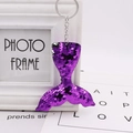 Close-up of sparkling purple sequin mermaid tail keychain with silver metal ring - Fish Tail 10cm (Silver Single Ring) / Dark Purple