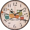 Retro wooden wall clock with five cartoon owls and Family First text design - Five Owls