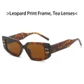 Rectangle leopard print sunglasses with brown lenses and golden rivet accents - Leopard Frame / Tea Lens