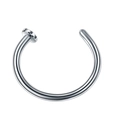 Detailed close-up of a silver C-shaped stainless steel nose ring with flat disc ends - Steel