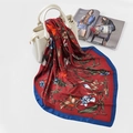 Elegant floral satin silk square scarf in burgundy and royal blue with large flower prints - FJ124-Wine Red