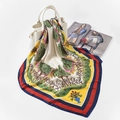Floral satin square silk scarf featuring a forest print and navy blue contrast borders - FJ123-Beige Yellow