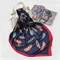 Dark blue satin silk square scarf with colorful feather prints and red border - FJ127-Navy Blue (Feather)