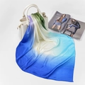 Elegant silk scarf with blue white and green gradient draped on a white tote bag - FJ125-9# (Blue/White/Green Gradient)