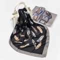 Elegant black square silk-like scarf with large realistic feather print and grey border - FJ127-Black (Feather)