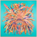 Detail of vibrant feather and crown print on large 130cm blue satin silk scarf - Sky Blue