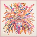 Detail of 130cm silk scarf featuring tribal mask totem and vibrant feather patterns - Beige