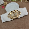 White elastic corset belt with vintage gold buckle featuring double cat eye stones and rhinestones - 75cm / White