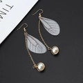 Handmade golden pearl drop earrings with translucent butterfly wings and tassels - Type D White