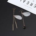 Asymmetric long chain earrings with translucent butterfly wings and black bead accent - Style F