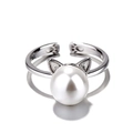 Silver cat ear ring with a large white pearl and cute adjustable open band - White Gold Plated Copper / Cat Ear Pearl Ring