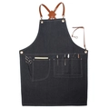 Tablier en denim bleu foncé avec bretelles croisées en cuir marron et poches - Taille Unique (80x54cm) / Style G Noir