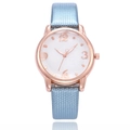 Elegant rose gold quartz watch with floral white dial and light blue textured leather strap - Sky Blue