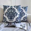 Blue damascus embroidery on white cotton linen throw pillow covers for sofa decor - 45*45cm (No Core) / Style 1 (Blue Damascus Floral Pattern)