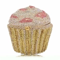 Detailed macro shot of a cupcake-shaped crystal clutch bag with red lip patterns - Pink AB/Lip Pattern