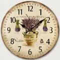 Retro 12 inch round wooden wall clock with lavender design and Roman numerals - Three Bunches of Lavender