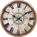 Silent wall clock with vintage world map design and Roman numerals in retro wooden style - Retro Compass Map
