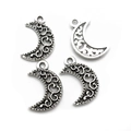Set of four silver hollow crescent moon charms with intricate floral engraving - Antique Silver Hollow Moon (12x18mm)
