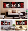 Modern wall art showing heart-shaped swans and red roses over black water reflection - Swan and Rose / 40X40CMX3-Canvas Core (Unframed)