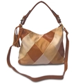 Brown and beige patchwork PU leather hobo bag with tassel and adjustable shoulder strap - Brown