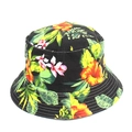 Dettaglio delle cuciture rinforzate su un cappello a secchiello nero con stampa tropicale - M (56-58cm) / 16# Hibiscus Nero Floreale (YFM360)