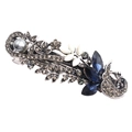 Detailed view of vintage hair clip with blue gems, white petals and grey pearls - F48-10 Peacock Dance Style