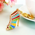 Golden high heel keychain with rainbow rhinestones and polished metal ring - Striped Rainbow