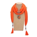 Detail of orange scarf with tassels, beads and vintage water drop pendant necklace - Orange