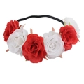 Red and white artificial rose floral headband with black elastic band on white background - Red + White