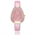 Pink faux leather watch with rose gold drop-shaped case and sparkling crystal bezel - Pink