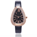 Women's rose gold teardrop quartz watch with diamond bezel and black leather strap - Black