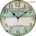 Vintage 12-inch silent wall clock featuring a rustic teal and white weathered wood design - French Retro Blue