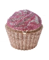 Close-up of cupcake shaped evening bag with pink and silver rhinestone frosting detail - Champagne Rose Purple