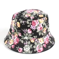 Detailed close-up of colorful rose floral print and stitching on black bucket hat - M (56-58cm) / 1# Black Multi-color Rose (YFM360)