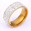 Golden stainless steel wide band ring featuring five rows of sparkling white rhinestones - US 6 / Gold