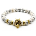 Mens white marble bead bracelet with golden wolf head charm and metal spacers - White Turquoise / Gold 01
