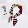 Navy and burgundy striped skinny silk scarf for hair and handbag decoration - 2 Geometric Red