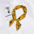 Yellow skinny silk scarf with vintage clock and doll print for handbags or hair styling - 11 Character Yellow