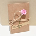 Brown kraft greeting card with pink paper rose flower and jute rope bow decoration - Small Pink Rose / 7x10.5cm
