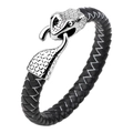 Classic black braided leather bracelet featuring a silver stainless steel snake head clasp - Black and White