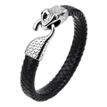 Bracciale in pelle intrecciata nera con chiusura a testa di serpente in acciaio argento - Nero