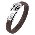 Bracciale in pelle intrecciata marrone con chiusura a testa di serpente in argento - Marrone Scuro