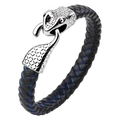 Bracciale da uomo in pelle nera intrecciata con chiusura a testa di serpente argento - Nero e Blu